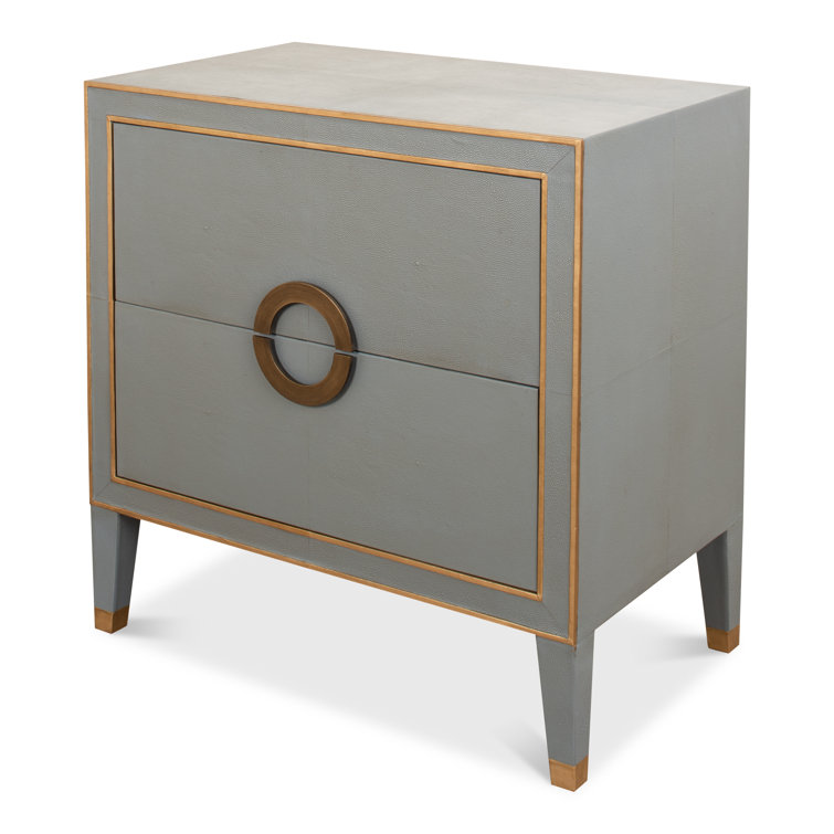 Transitional Gray Shagreen Leather Nightstand with Gold Accents