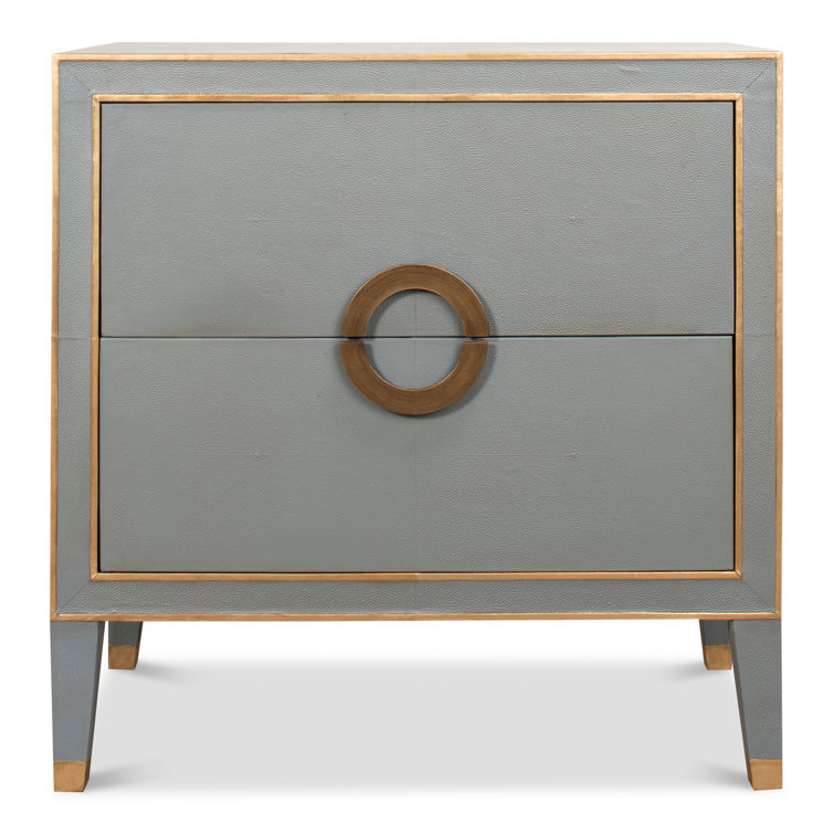 Transitional Gray Shagreen Leather Nightstand with Gold Accents