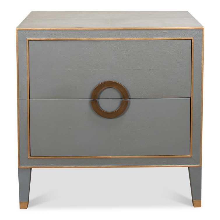 Transitional Gray Shagreen Leather Nightstand with Gold Accents