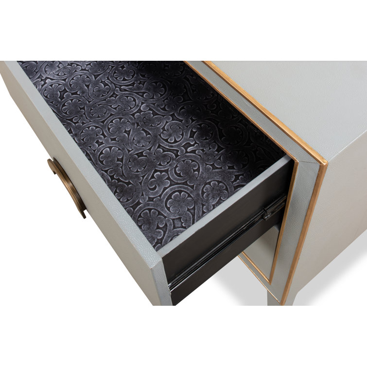 Transitional Gray Shagreen Leather Nightstand with Gold Accents