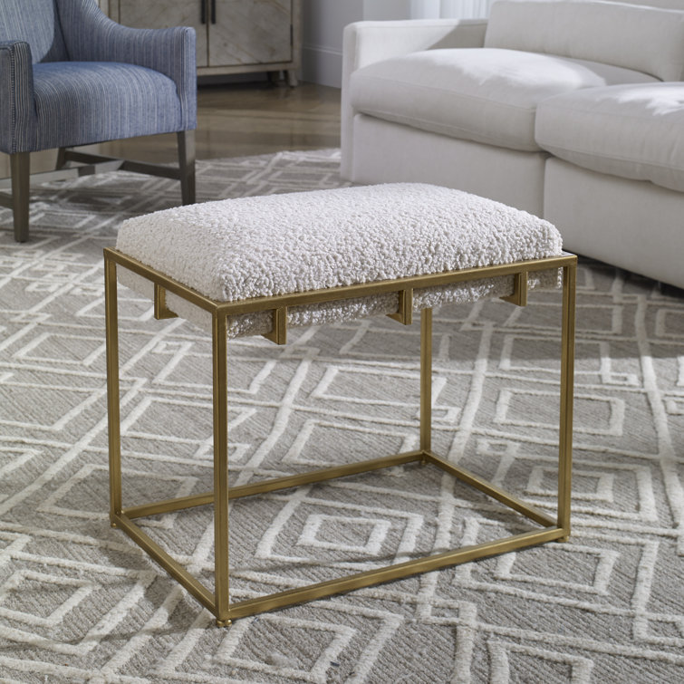 Contemporary Gold Leaf 24" White Faux Shearling Vanity Stool