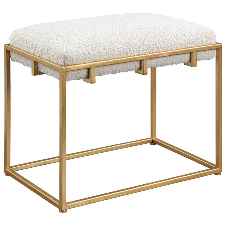 Contemporary Gold Leaf 24" White Faux Shearling Vanity Stool