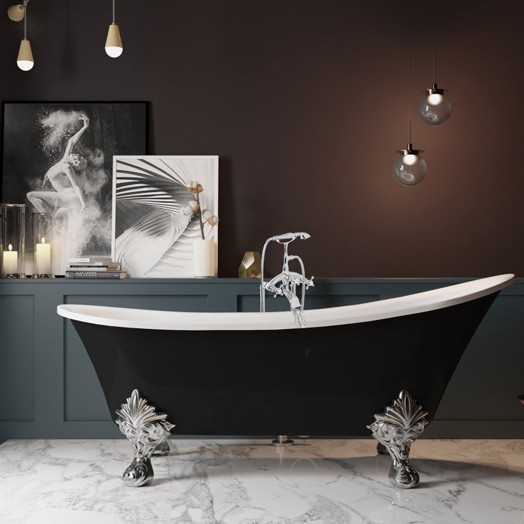 60'' Glossy Black Acrylic Clawfoot Freestanding Bathtub with Chrome Faucet