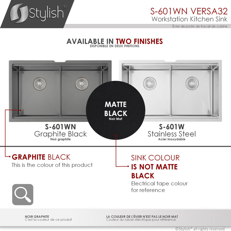 Graphite Black 32" Stainless Steel Double Bowl Workstation Sink