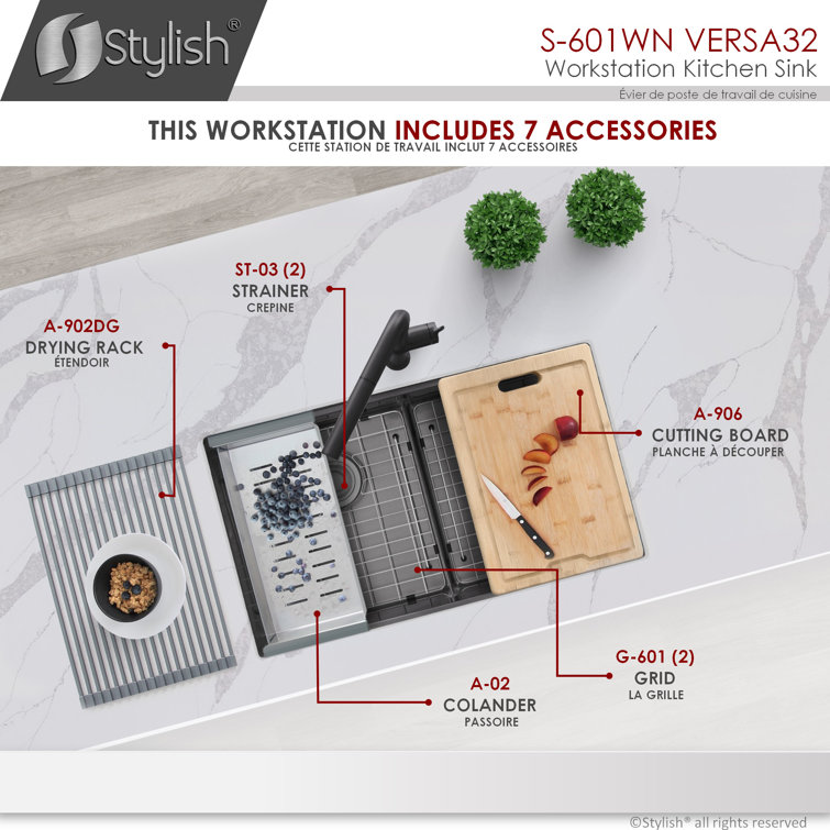 Graphite Black 32" Stainless Steel Double Bowl Workstation Sink