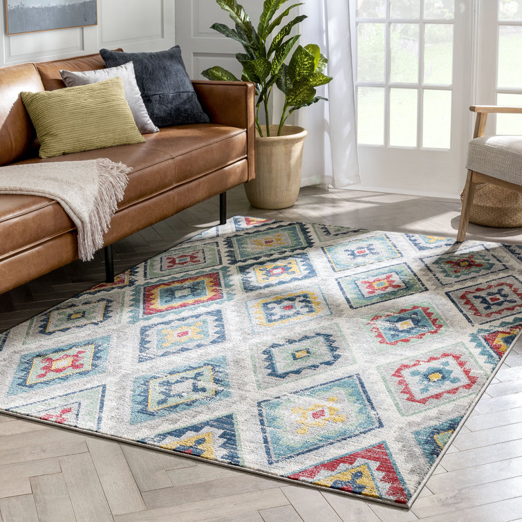 Blue Southwestern Diamond Pattern Reversible Rug, 5' x 7'