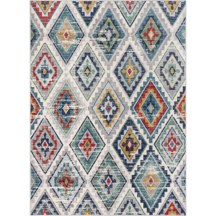 Blue Southwestern Diamond Pattern Reversible Rug, 5' x 7'
