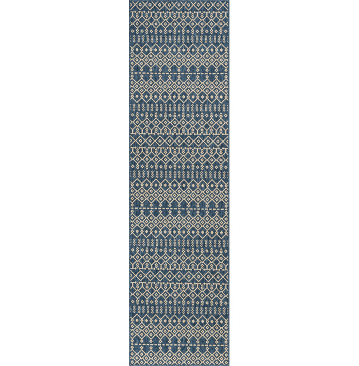 Nordic Blue and Beige Synthetic Flat-Weave Runner Rug