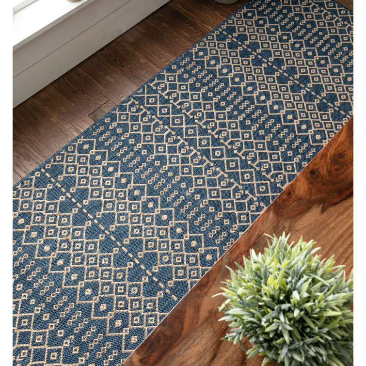 Nordic Blue and Beige Synthetic Flat-Weave Runner Rug