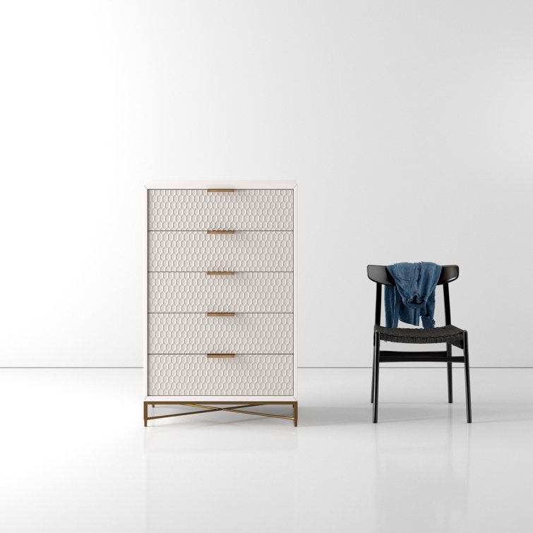 White Pearl Transitional 5-Drawer Chest with Gold Accents