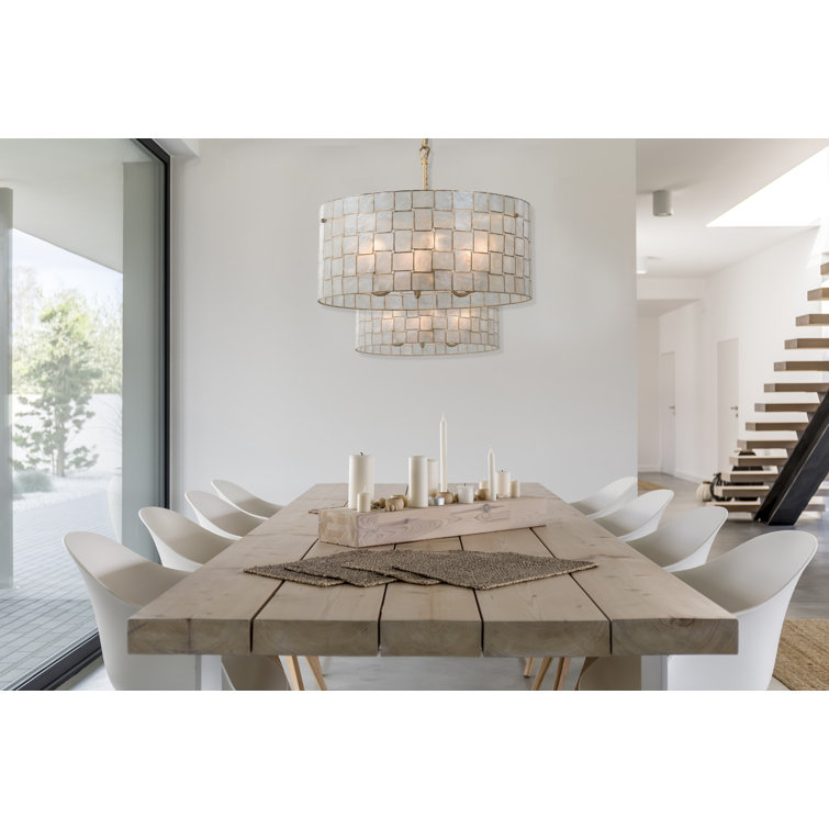 Gold Capiz Shell Drum Chandelier with Glass Accents