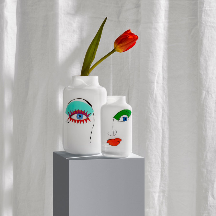 Nude Glass Cylinder Crystal Vase with Artful Face Print