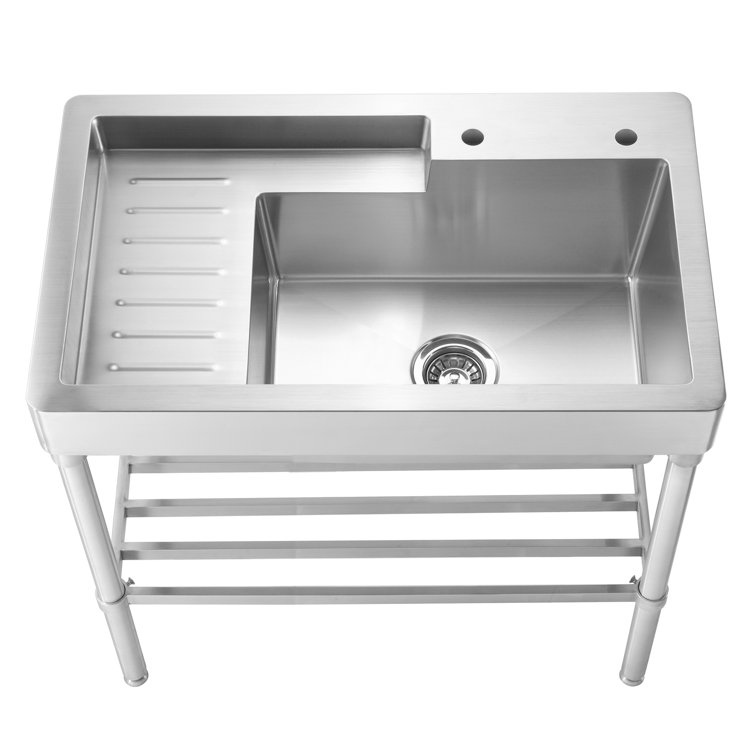 Pearlhaus 38'' Stainless Steel Freestanding Single Bowl Utility Sink with Drainboard