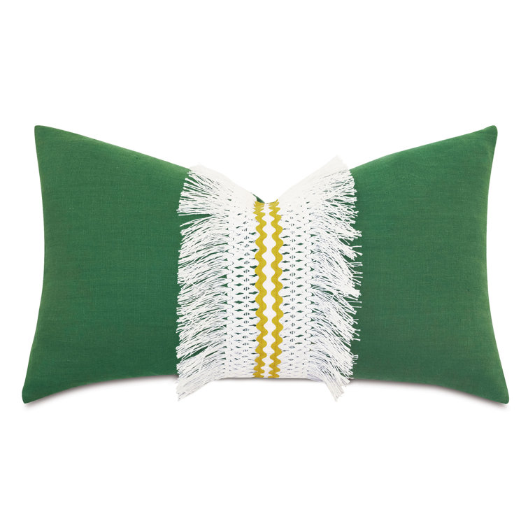 Green Linen Lumbar Pillow with White Fringe and Yellow Stripe