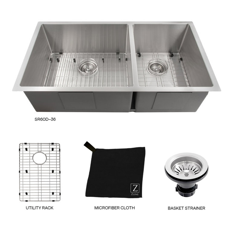 Chamonix 36" Stainless Steel Double Bowl Undermount Kitchen Sink