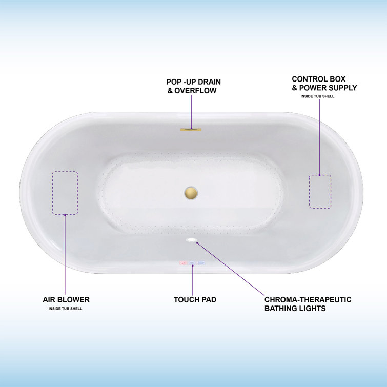 67'' White Acrylic Freestanding Air Soaking Bathtub with Brushed Gold Trim