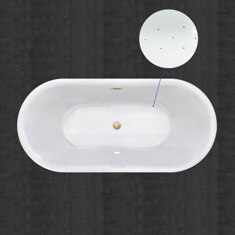 67'' White Acrylic Freestanding Air Soaking Bathtub with Brushed Gold Trim