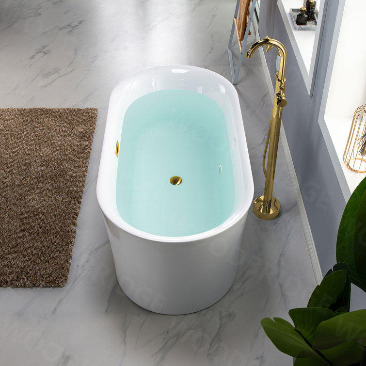 67'' White Acrylic Freestanding Air Soaking Bathtub with Brushed Gold Trim