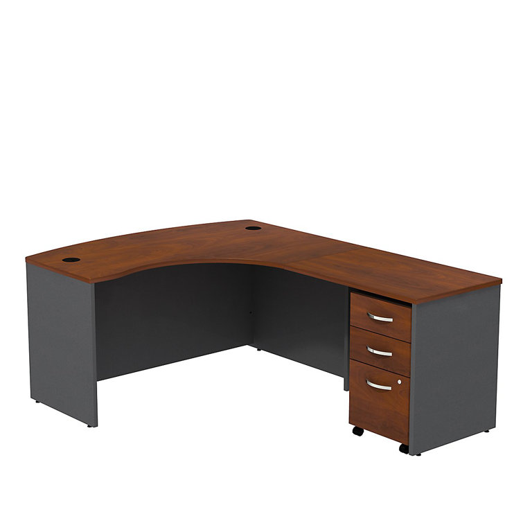 Gray and Cherry Wood L-Shaped Desk with Filing Cabinet