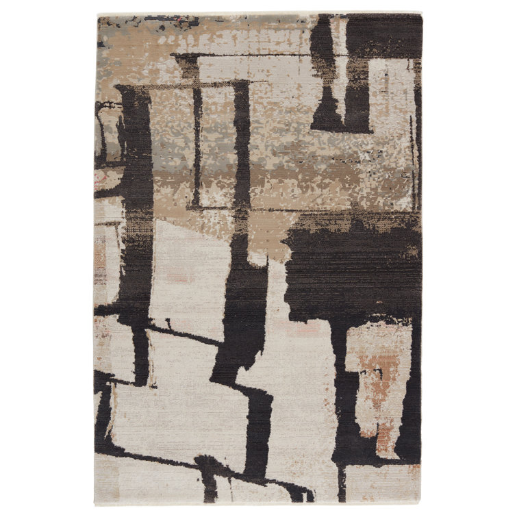Ivory and Dark Brown Abstract Wool and Synthetic Rug 5' x 7'