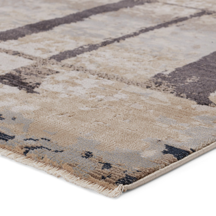 Ivory and Dark Brown Abstract Wool and Synthetic Rug 5' x 7'
