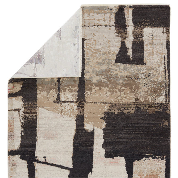 Ivory and Dark Brown Abstract Wool and Synthetic Rug 5' x 7'