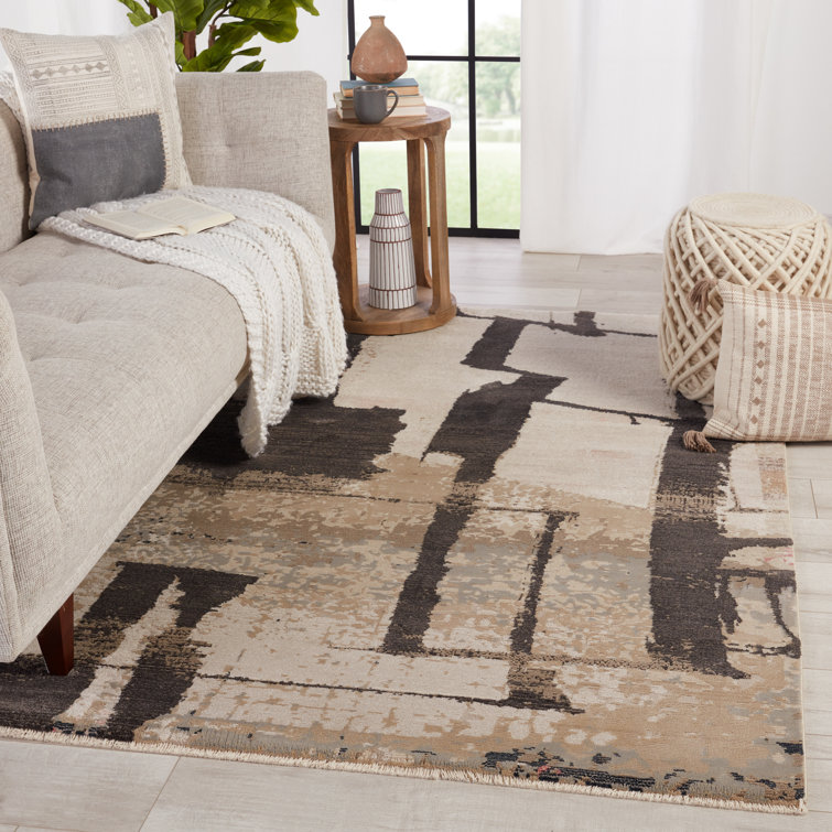 Ivory and Dark Brown Abstract Wool and Synthetic Rug 5' x 7'