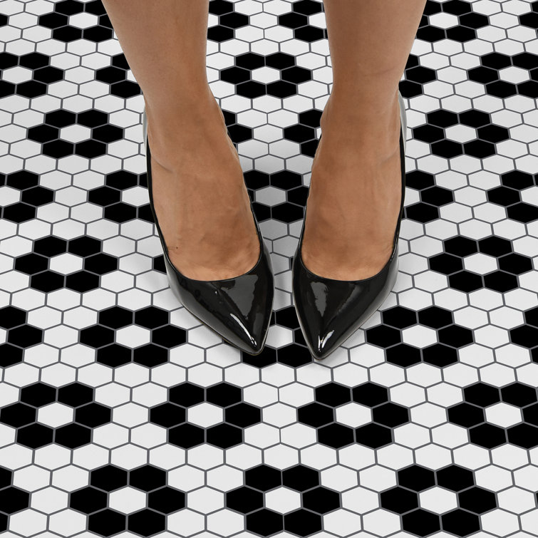 Black and White Hexagon Peel and Stick Floor Tiles