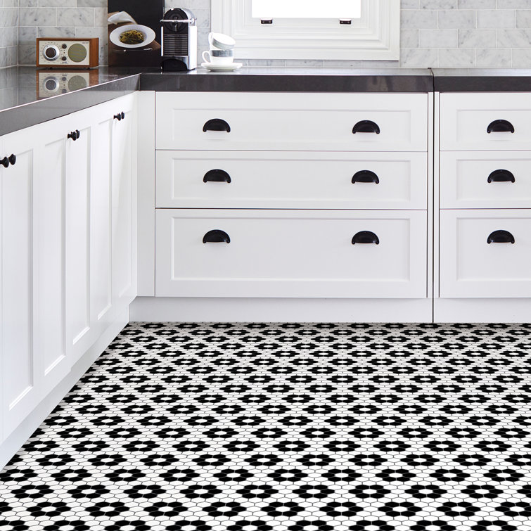 Black and White Hexagon Peel and Stick Floor Tiles
