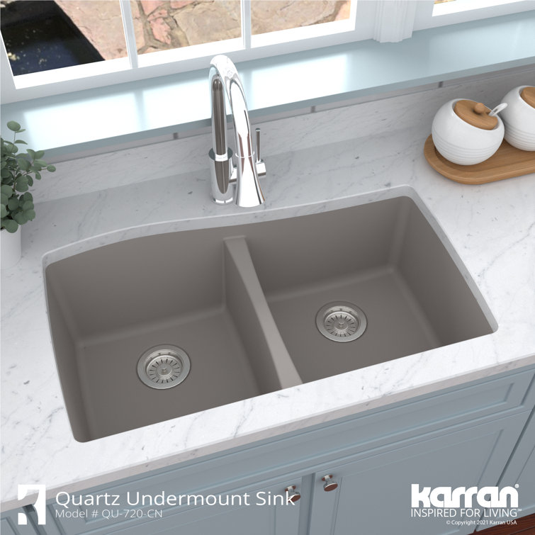 Concrete Gray Double Bowl Farmhouse Quartz Kitchen Sink Kit