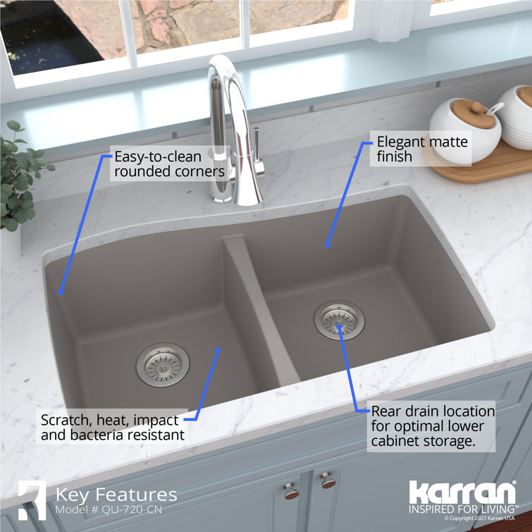 Concrete Gray Double Bowl Farmhouse Quartz Kitchen Sink Kit