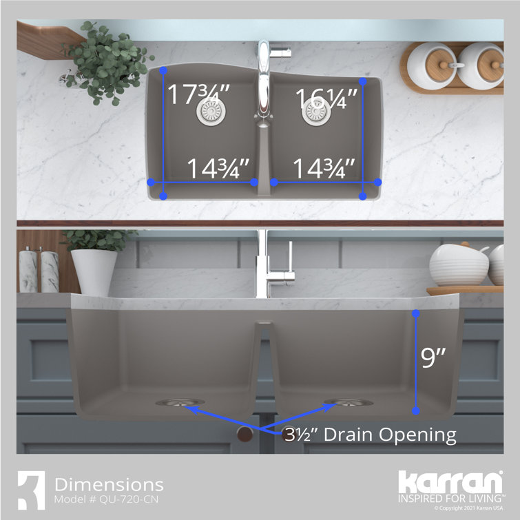 Concrete Gray Double Bowl Farmhouse Quartz Kitchen Sink Kit