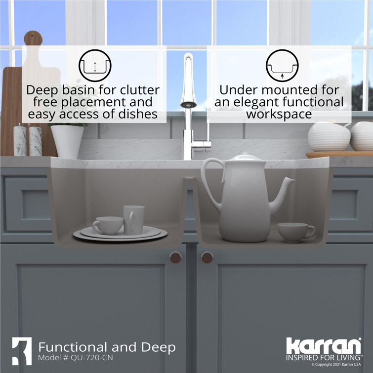 Concrete Gray Double Bowl Farmhouse Quartz Kitchen Sink Kit