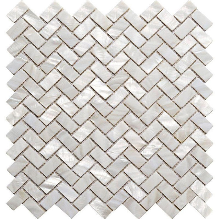 11.2" White Polished Shell Herringbone Mosaic Tile
