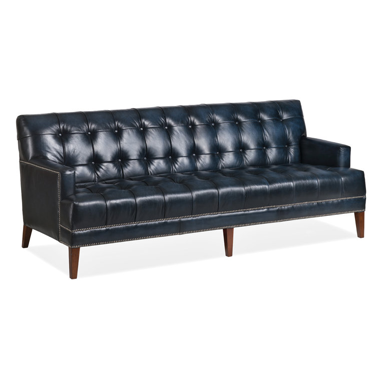 Briston Indigo Leather Track Arm Sofa with Wood Accents