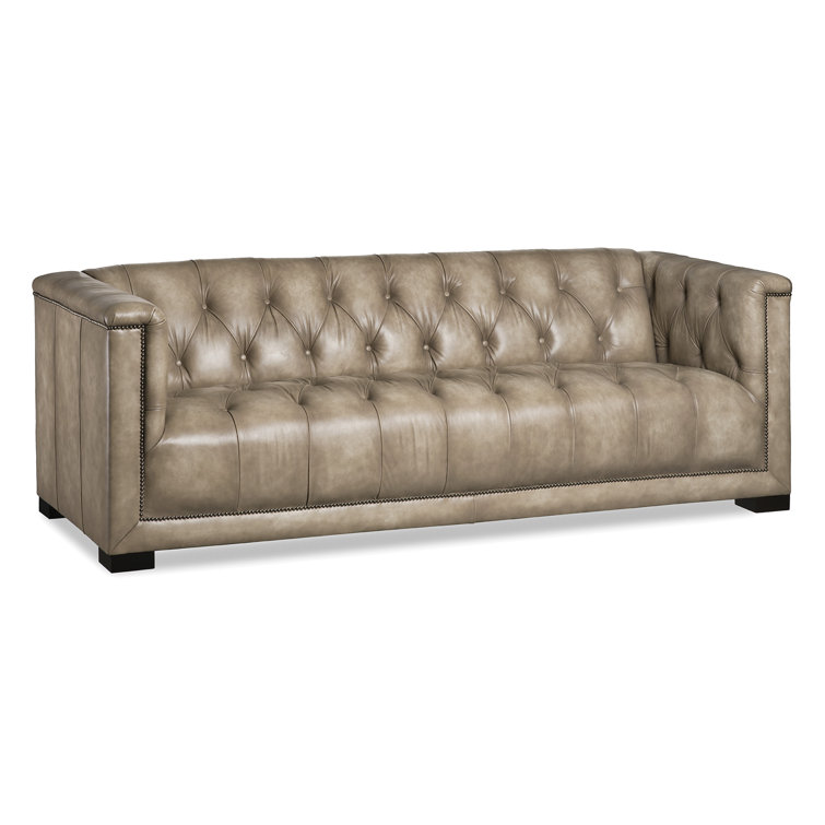 Lola Wheat Genuine Leather Tuxedo Arm Sofa with Black Wood Finish