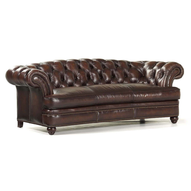 90'' Dark Brown Tufted Leather Sofa with Wood Frame