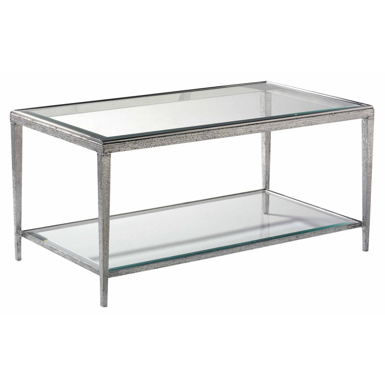Nickel Finish Glass Top Rectangular Cocktail Table with Storage