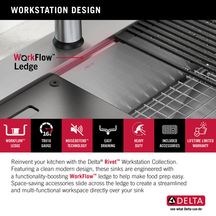 Delta 33-Inch Stainless Steel Single Bowl Workstation Kitchen Sink
