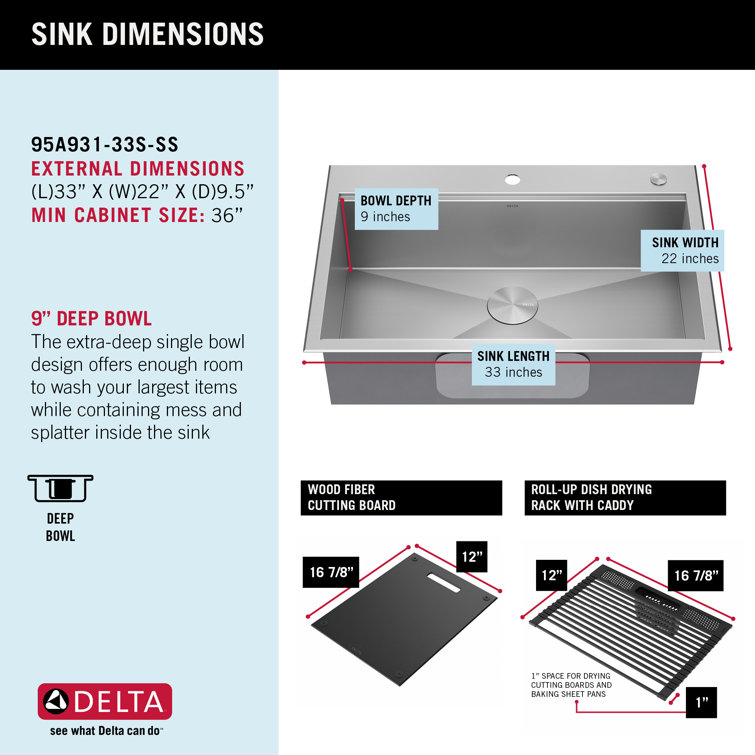 Delta 33-Inch Stainless Steel Single Bowl Workstation Kitchen Sink