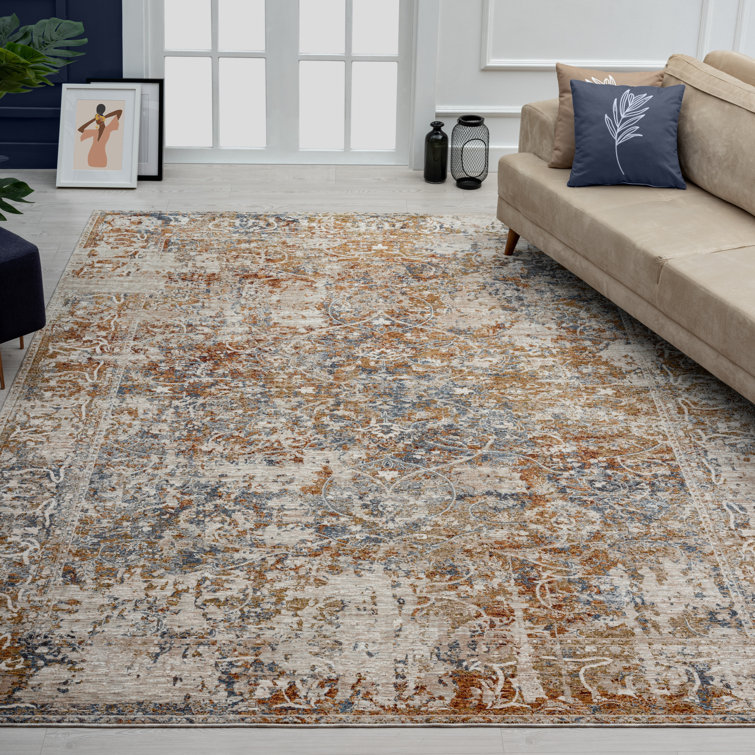 Hand-knotted Blue and Rust Floral Viscose Area Rug