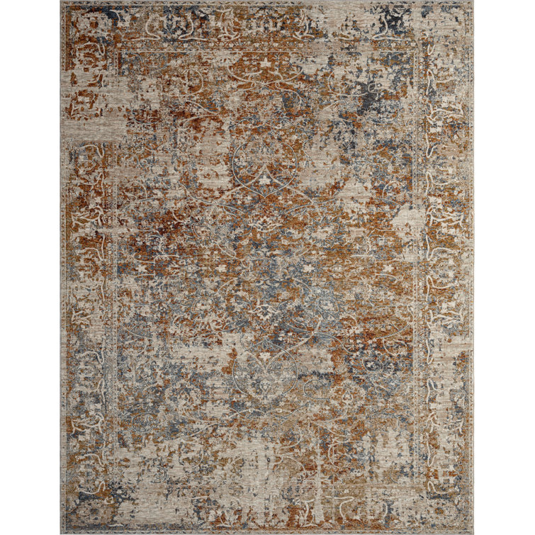 Hand-knotted Blue and Rust Floral Viscose Area Rug