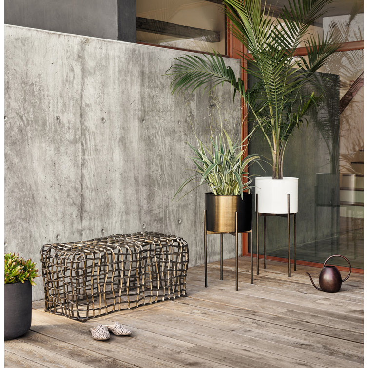 White Glossy Iron Planter with Weathered Brass Stand, 29.5"