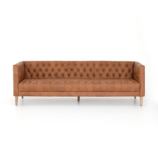 Natural Washed Camel Leather Tufted Sofa 90"