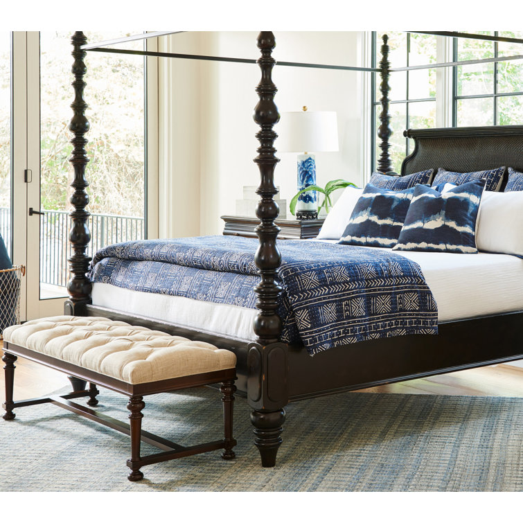 Beige Upholstered Tufted Bed Bench with Dark Wood Frame