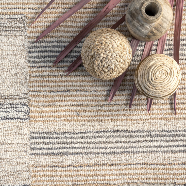 Handmade Beige Wool Rectangular Striped Area Rug