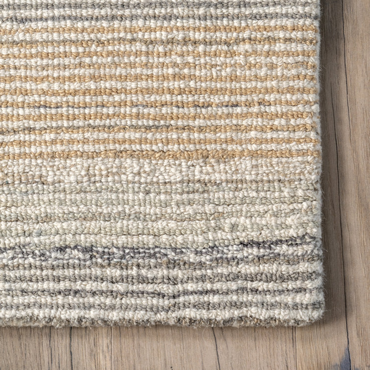 Handmade Beige Wool Rectangular Striped Area Rug