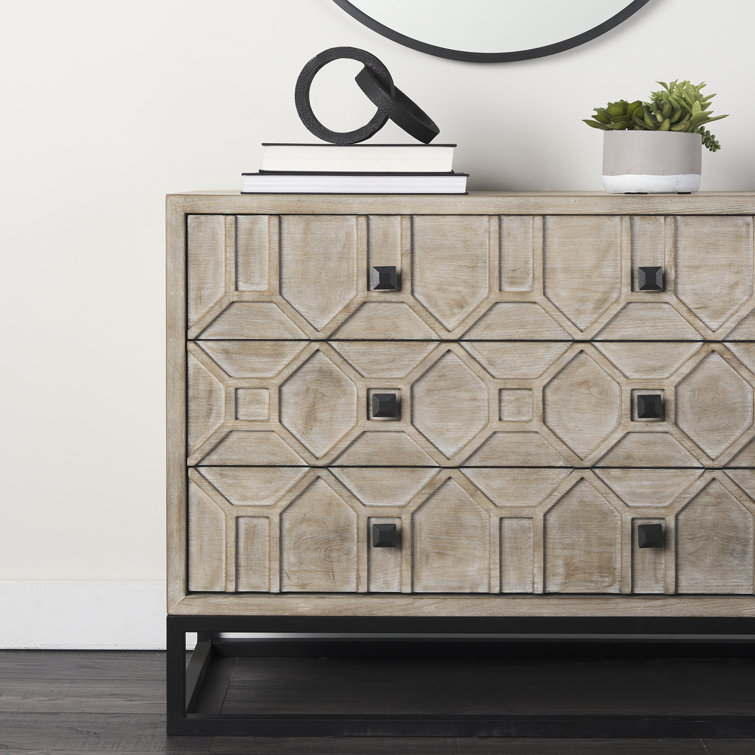 Genevieve Light Brown 3-Drawer Accent Cabinet with Antiqued Metal Base