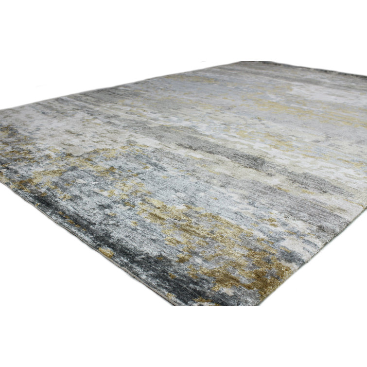 Gray Hand-Knotted Viscose Abstract 9' x 12' Rug