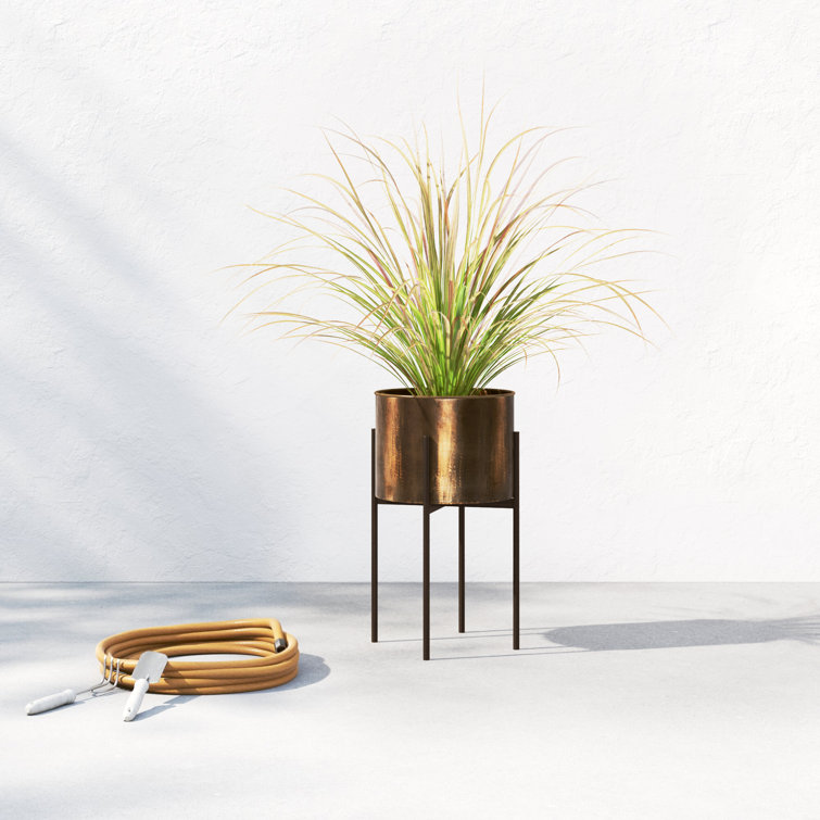Weathered Brass Round Metal Planter with Stand